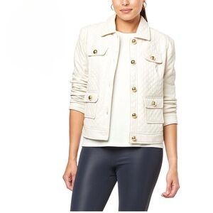 g by giuliana Faux Leather Diamond Print Jacket Sz M Off White Gold Buttons NWT